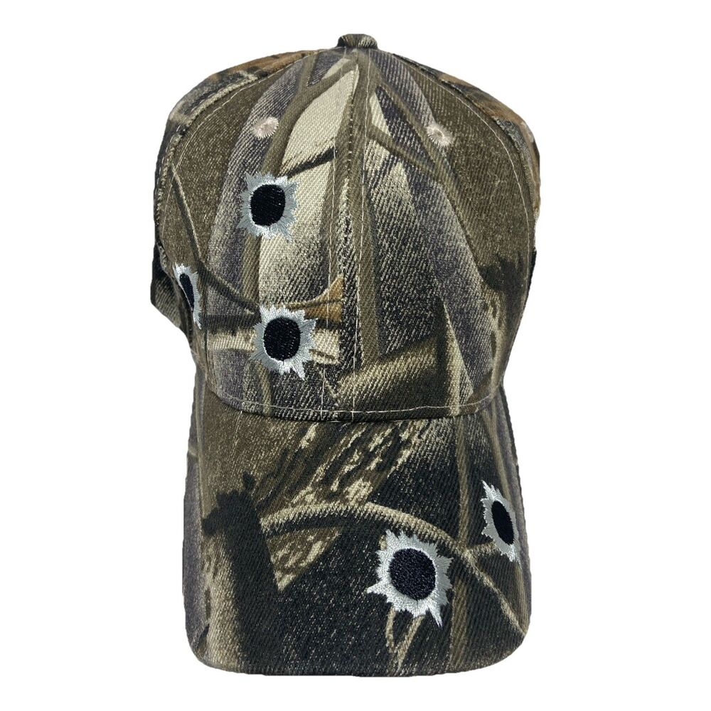 Camo Bullet Hole Adjustable Brown Green Embroidered Ball Cap NWT Acrylic